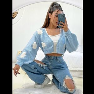 Blue Clouds Pattern Cardigan Fall Winter Crop Sweater Bishop Sleeves Small S 4